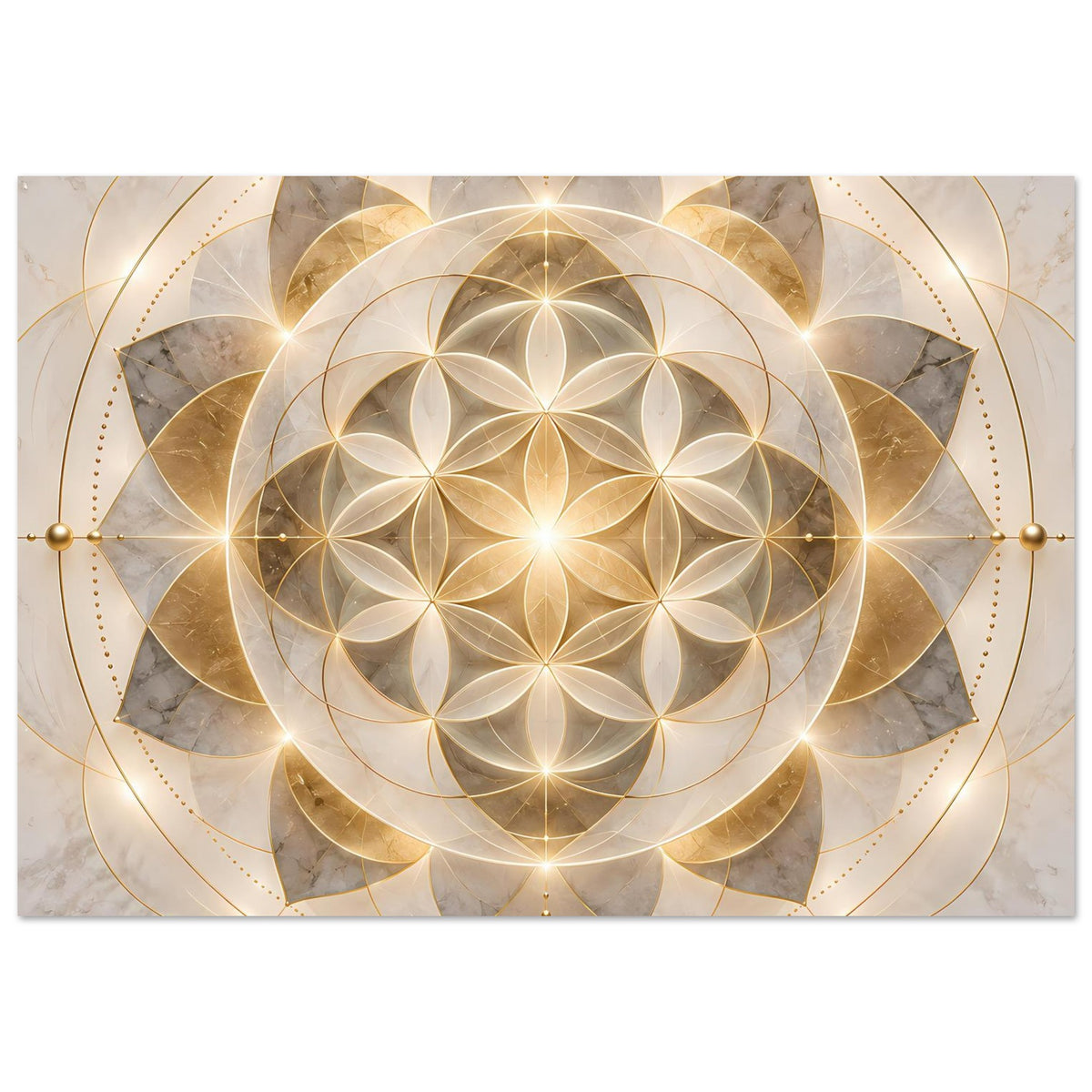 Quadratisches Poster mit gold schimmernder Mandala-Blume, versetzten Kreisformen und Ornamenten