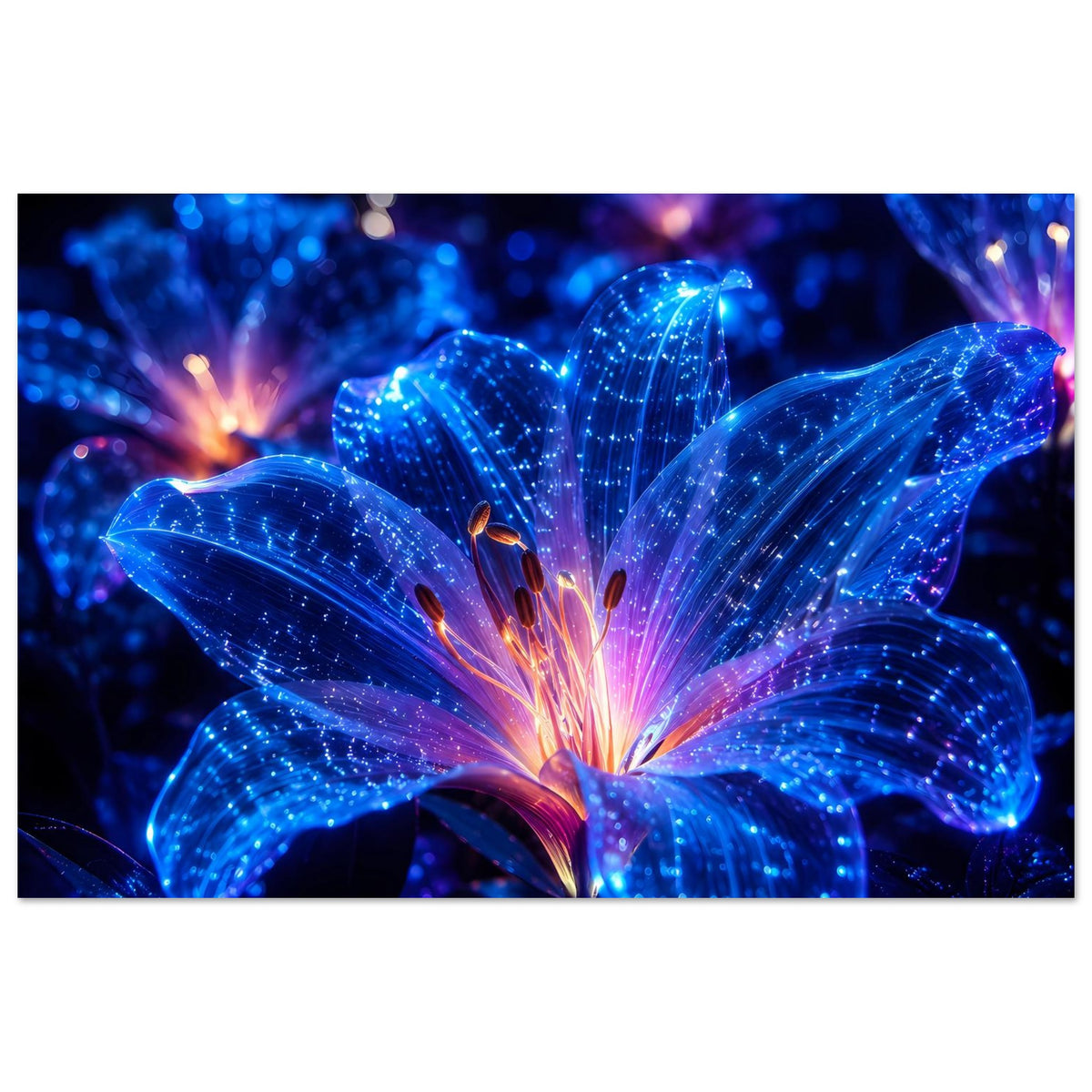 Leuchtendes Blumenposter: blaue, funkelnde Blüte mit warmem Leuchtpunkt im Zentrum