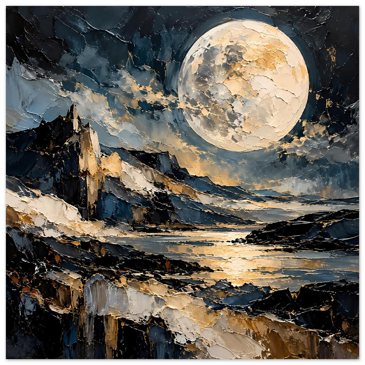 Mondschein-Poster: goldener Vollmond über Bergen und See, abstrakte Pinselstruktur