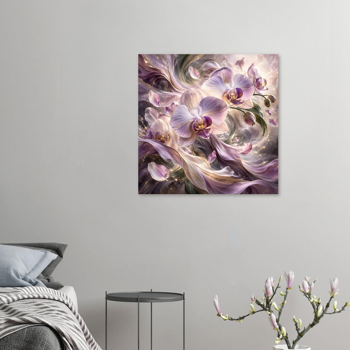 Orchideenblumenposter im Rahmen, quadratisch wirkend: violett-cremefarbene Blüten
