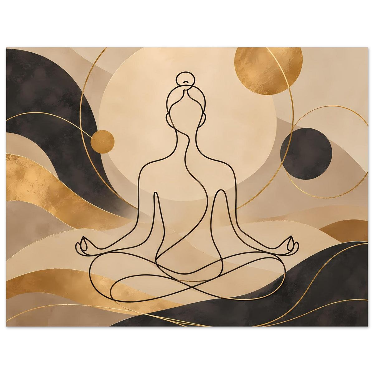 Goldener Kunstdruck: sitzende Yoga-Silhouette als Line-Art, Kreise und Bögen in warmen Tönen