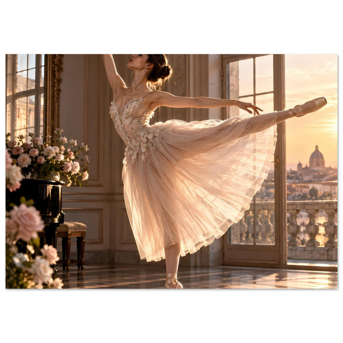 Ballerina im goldenen Tutu auf Poster, Drehpose mit ausgestrecktem Bein und Arm