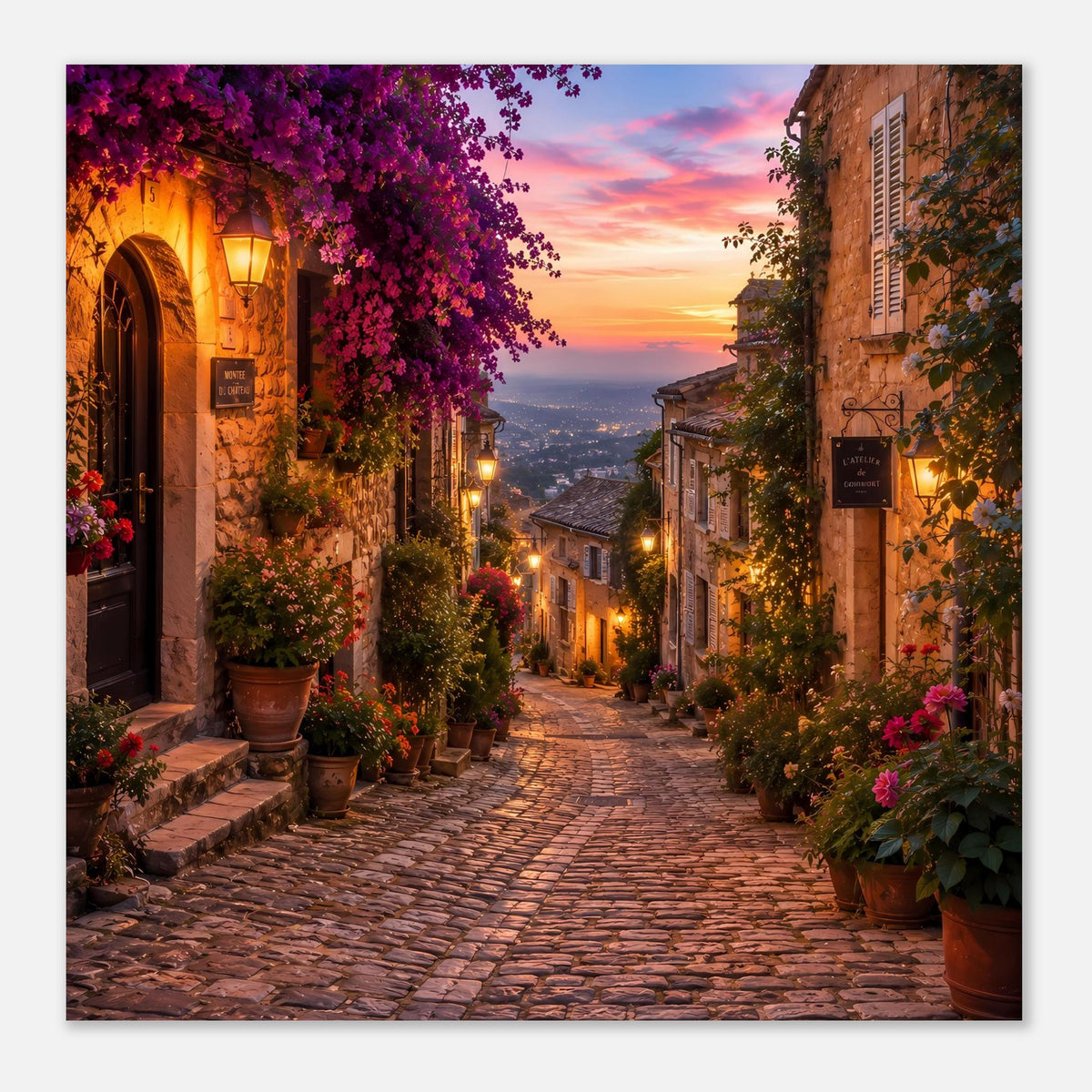Romantisches Dorfstraßen-Poster im Hochformat, beleuchtete Gasse mit Topfpflanzen und Abendhimmel
