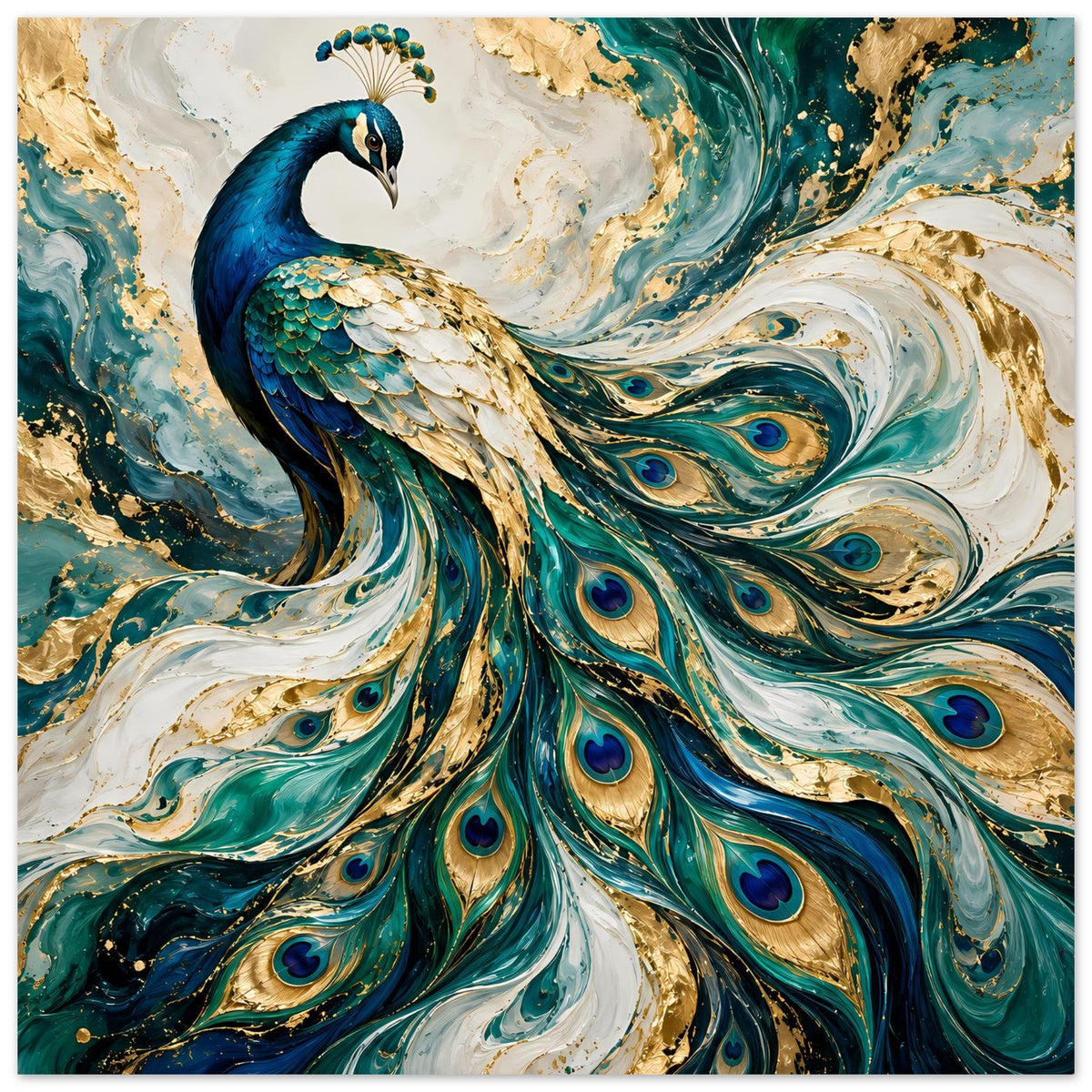 Pfau-Kunstposter mit blauem Pfau und türkis-goldenen Federaugen, abstrakt gemalt
