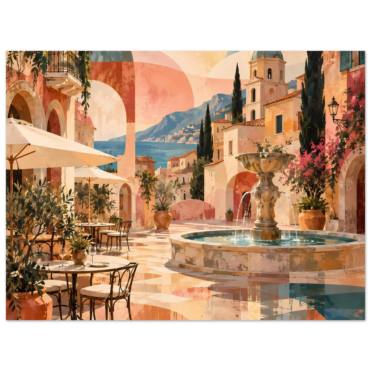 Poster mit mediterraner Terrasse, Rundbrunnen und Pastellbogen-Design, breites Motiv