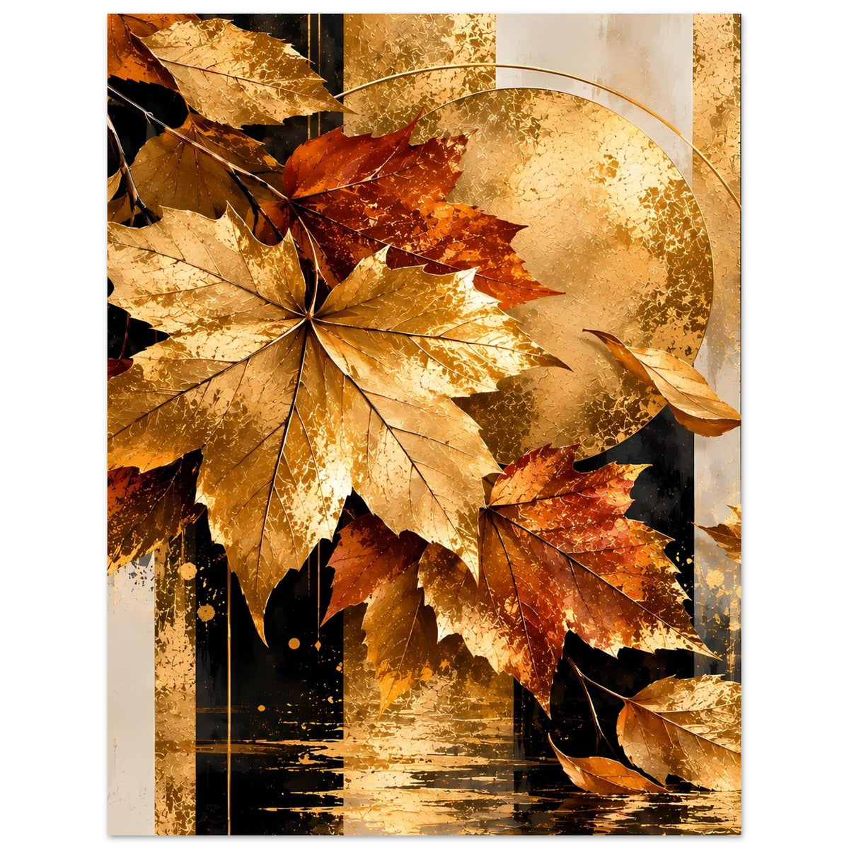 Poster mit Ahornblättern in Gold, Orange und Rot, mit dunklem Hintergrund und goldenem Kreis