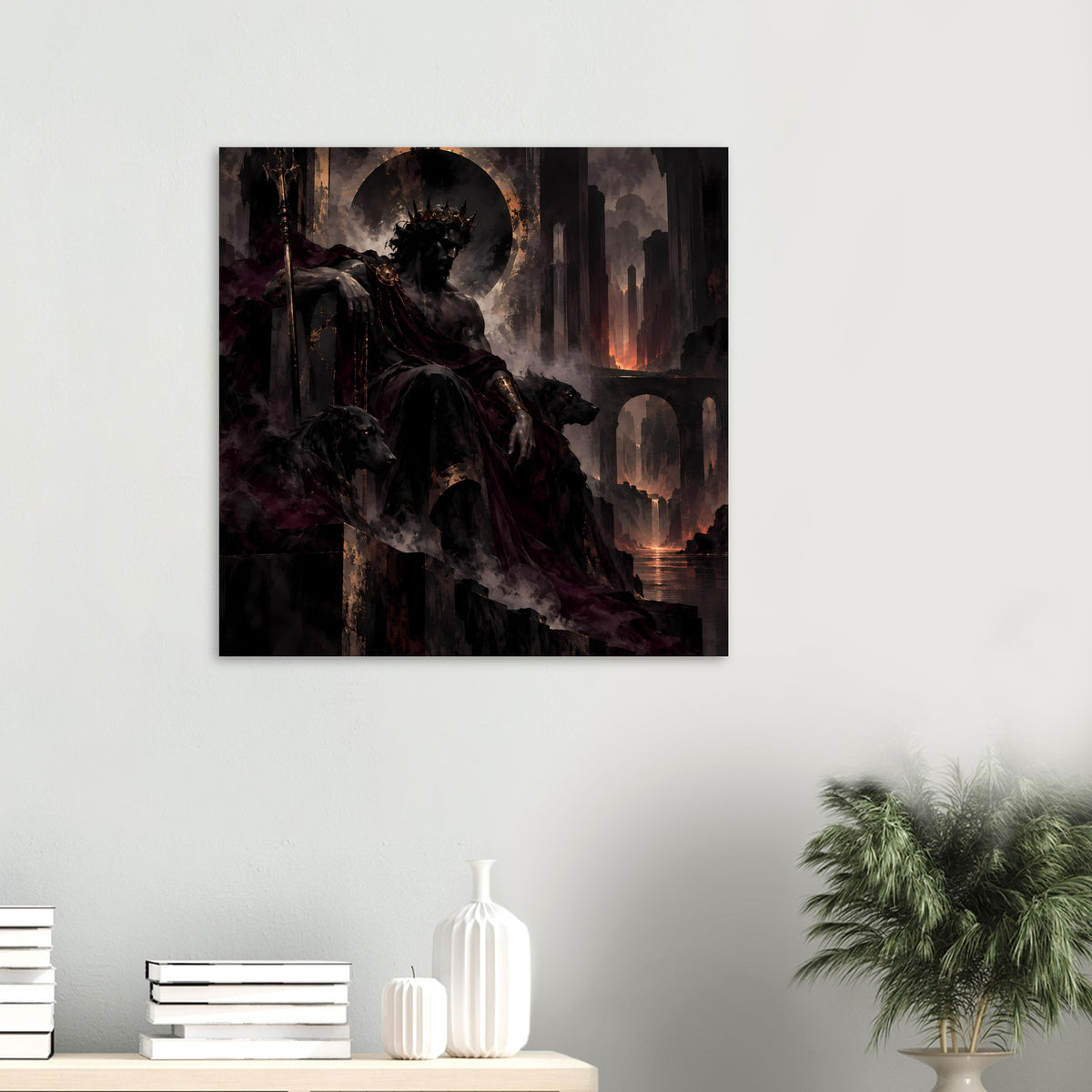Fantasy-Poster: dunkle Ritterfigur, Vollmond und brennende Türme im Hintergrund