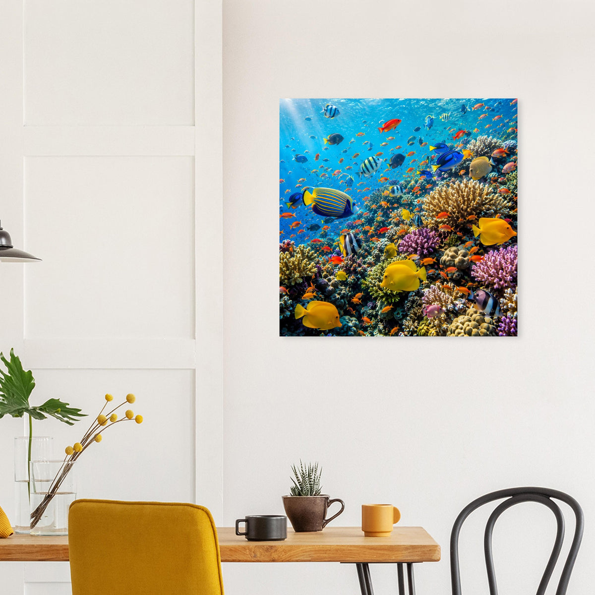 Korallenriff-Poster mit vielen bunten Fischen und Korallen, quadratisch