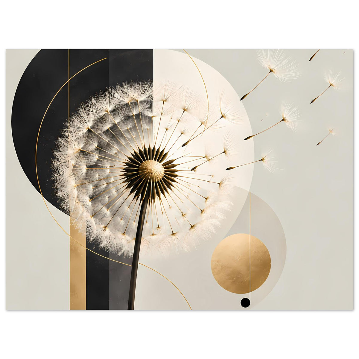 Dandelion-Poster im Querformat: Pusteblumen, goldene Akzente und abstrakte Kreise, Beige und Schwarz