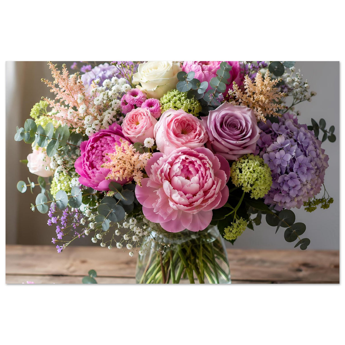 Blumenposter mit Pastellblumen-Strauß in Vase, Fokus auf rosa und lila Blüten