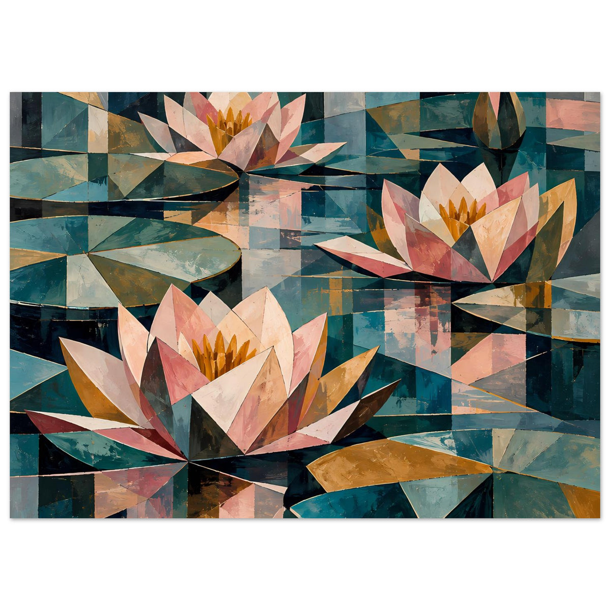 Rechteckiges Poster mit geometrischen Seerosen, Pastellfarben, Petrol und dunklen Akzenten