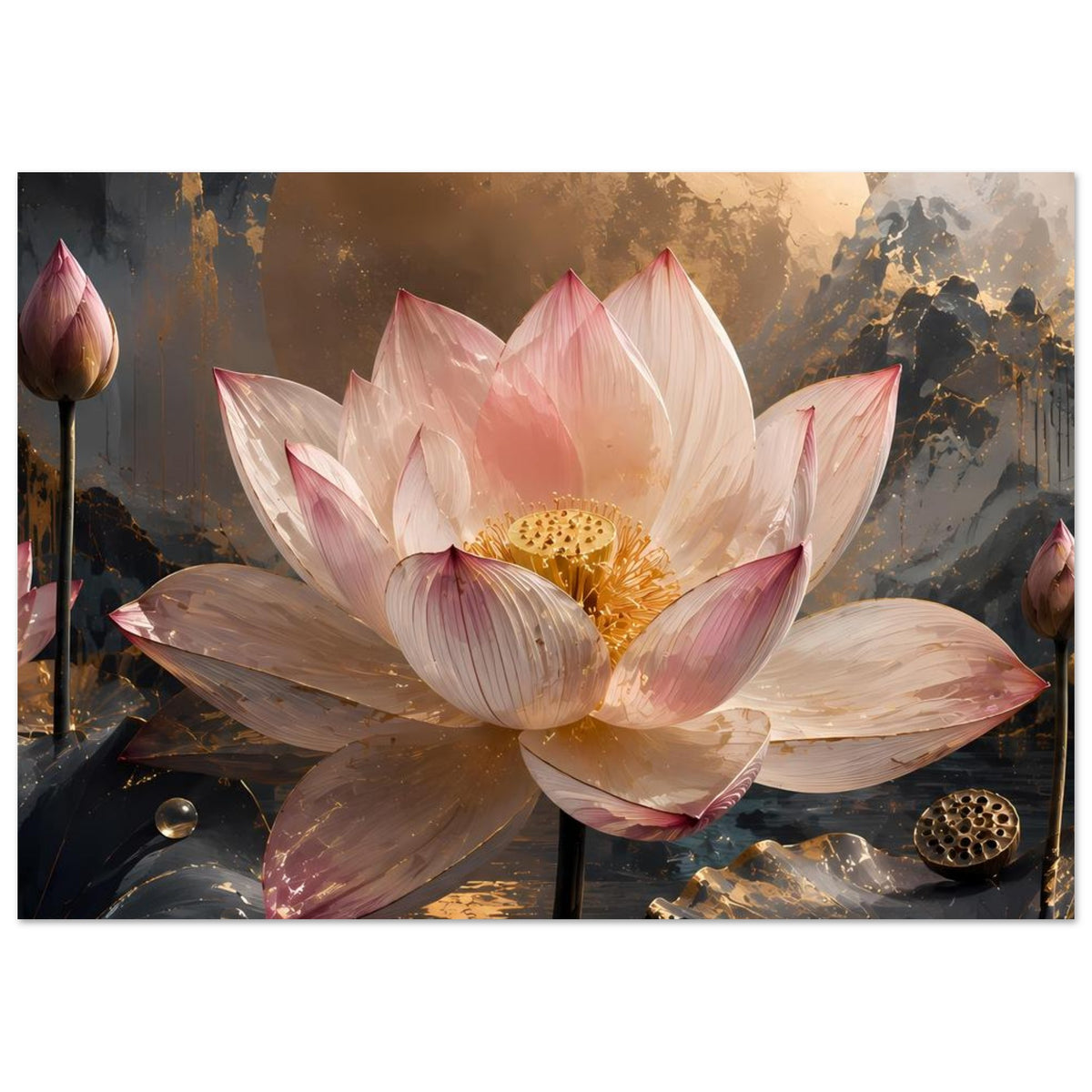 Poster zeigt rosa Lotusblüte mit goldenem Blütenkern und dunklen Blättern, symmetrisch im Fokus