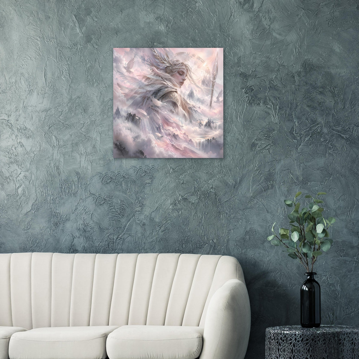 Nordisches Fantasy-Poster mit Walküre und Flügeln im pastellgrauen Nebel, Wolkenhintergrund