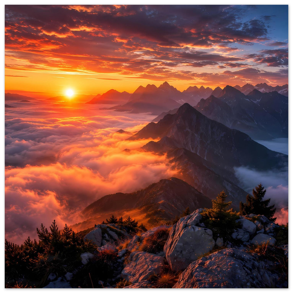 Quadratisches Poster mit Sonnenaufgang über Berggipfeln und Wolkenmeer