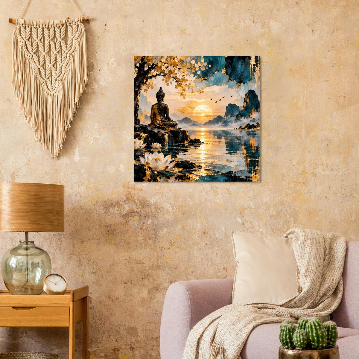 Poster mit Buddha auf Steinstufe, Wasserlandschaft mit Lotusblüten und Sonnenuntergang in Gold/Blau.