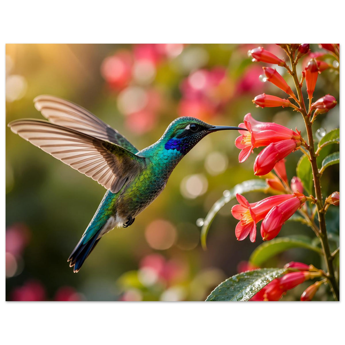Poster mit blaugrünem Kolibri im Flug vor roten Blüten