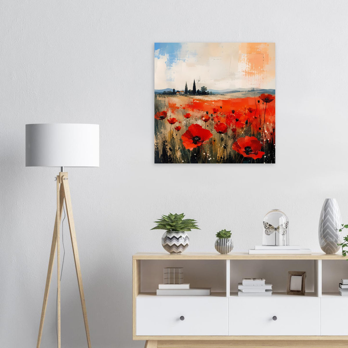 Quadratisches Poster: rote Mohnblumen in abstrakter Landschaft mit blau-orangen Flächen