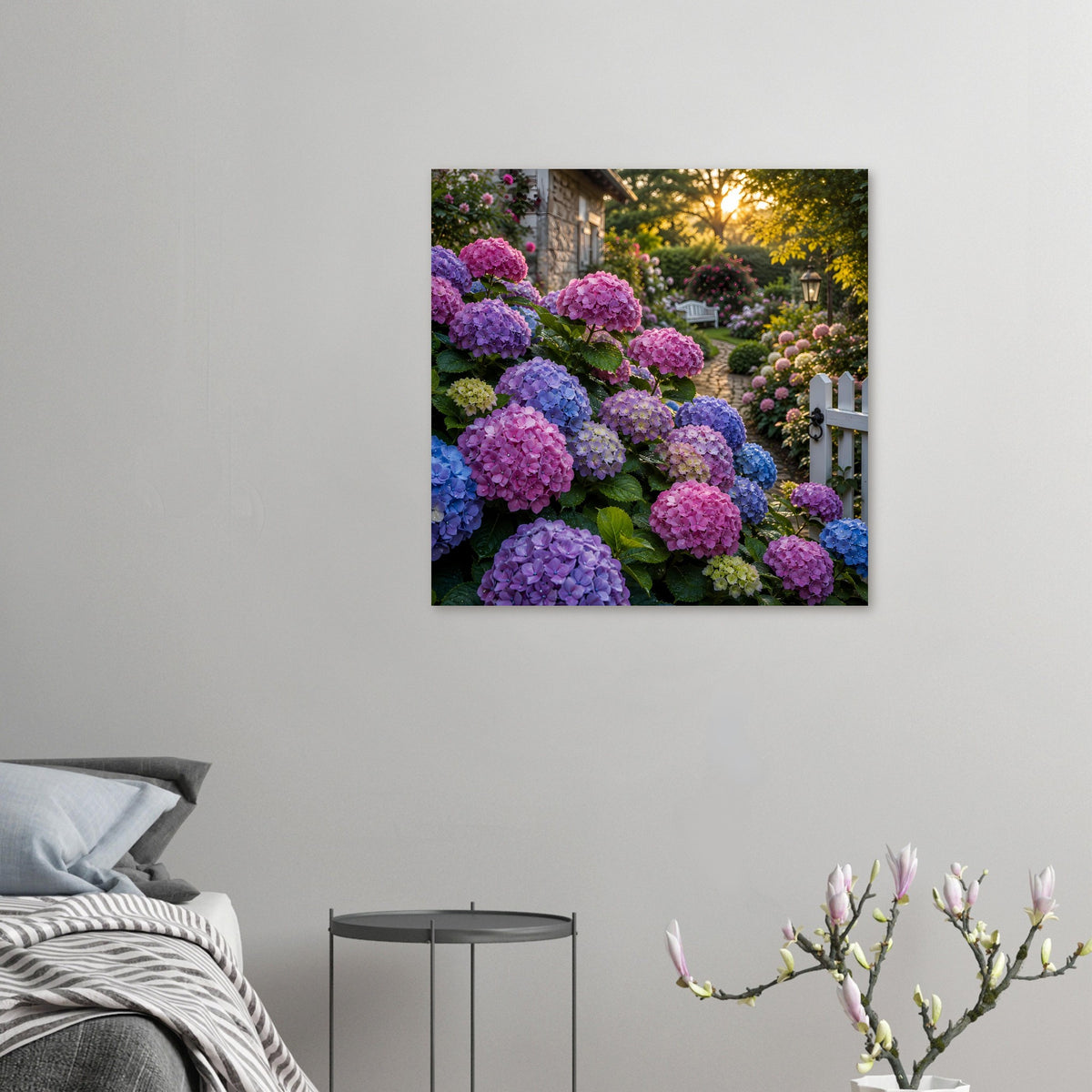 Quadratisches Gartenposter mit Hortensien in Pink und Blau, mit Gartenweg und weißem Zaun