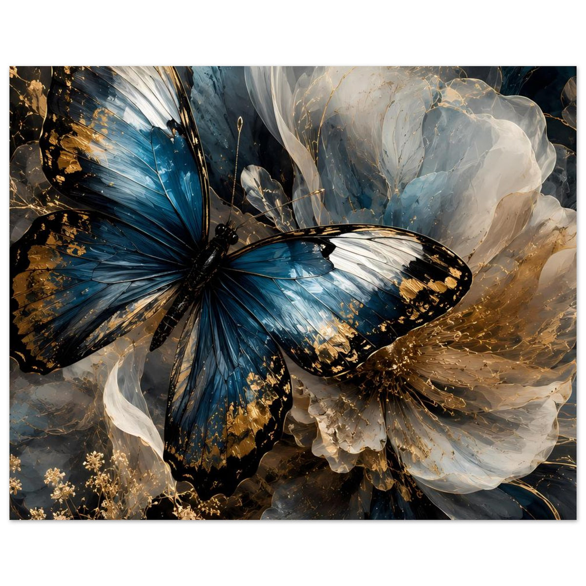 Schmetterlingsposter: blau-goldene Schmetterlingsflügel mit weißem Federkleid