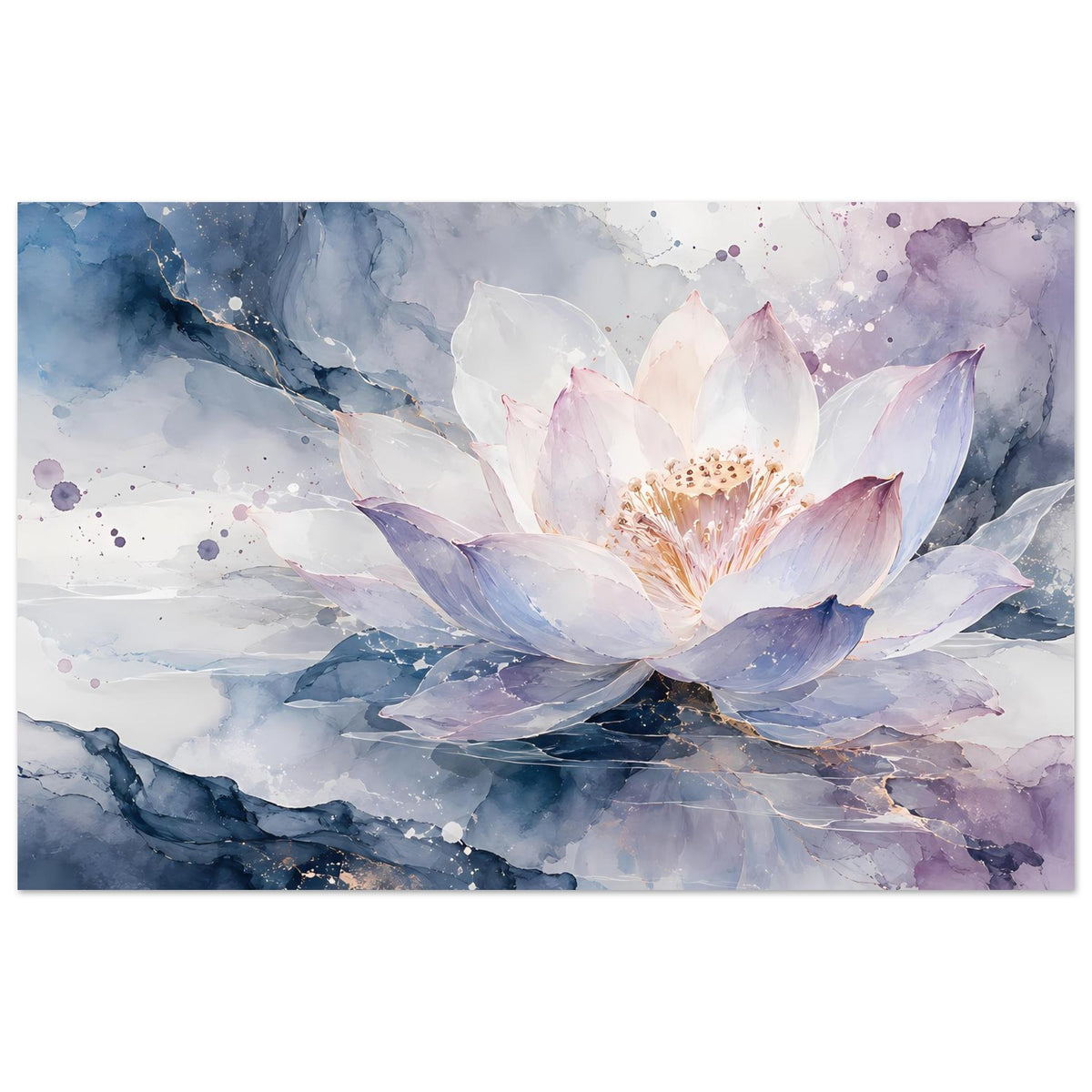 Breites Horizontales Blumenposter mit Lotusblüte in Weiß und Lila sowie blauem Aquarellmeer