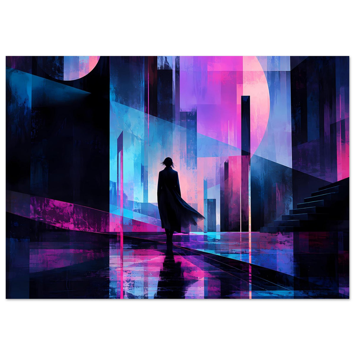 Neon-Nachtlandschaft-Poster (quer) mit dunkler Figur und reflektierendem Neonboden