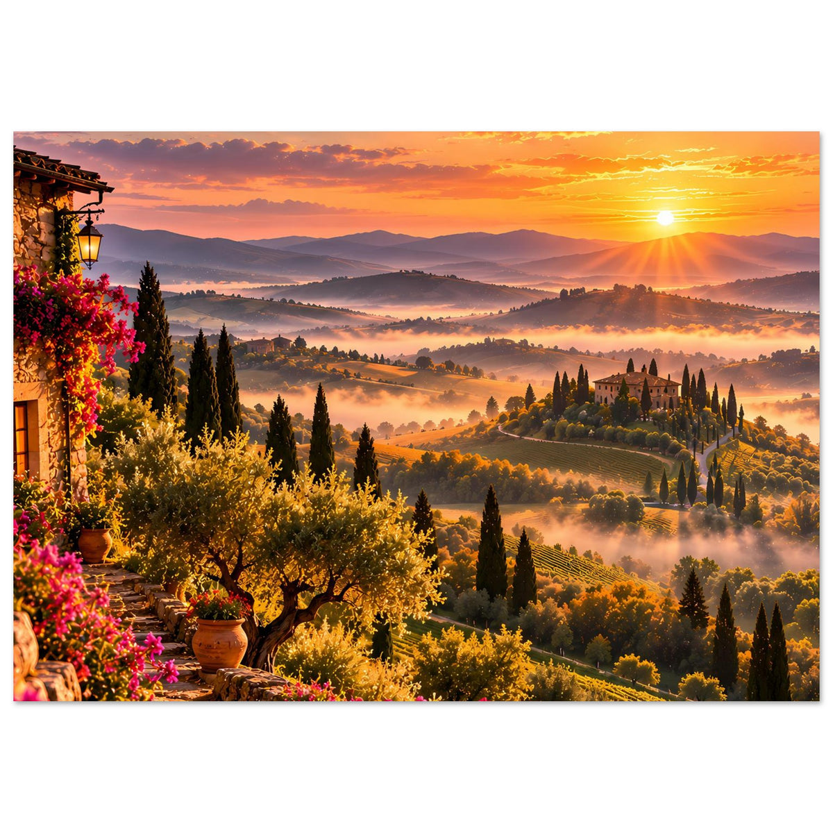 Gerahmtes Poster mit Sonnenuntergang in Toskana, Sonne über Hügeln, Zypressen und blühender Vegetation.