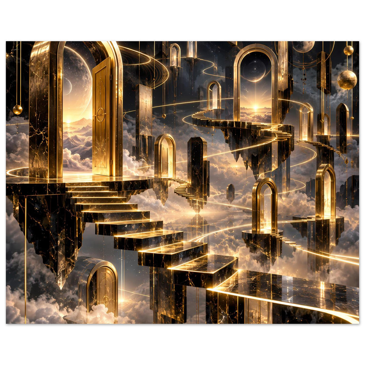 Querformatiges Poster: goldene Bögen, stufige Plattform und leuchtende Linien über Wolken.