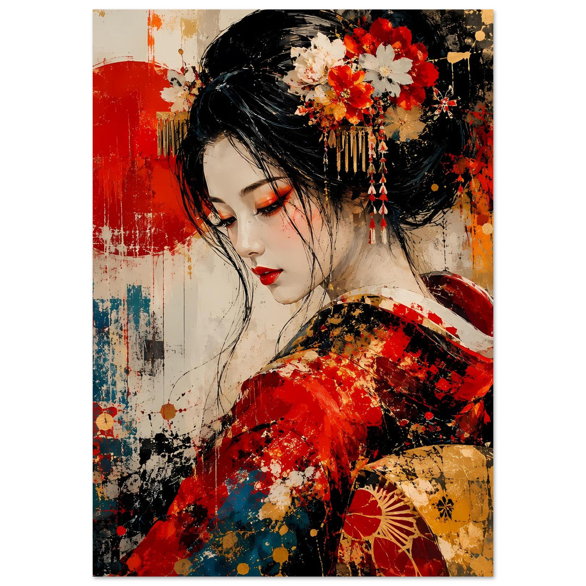 Poster mit japanischer Geisha im roten Kimono, schwarzes Haar und roter Blumenhaarschmuck, Blick nach unten