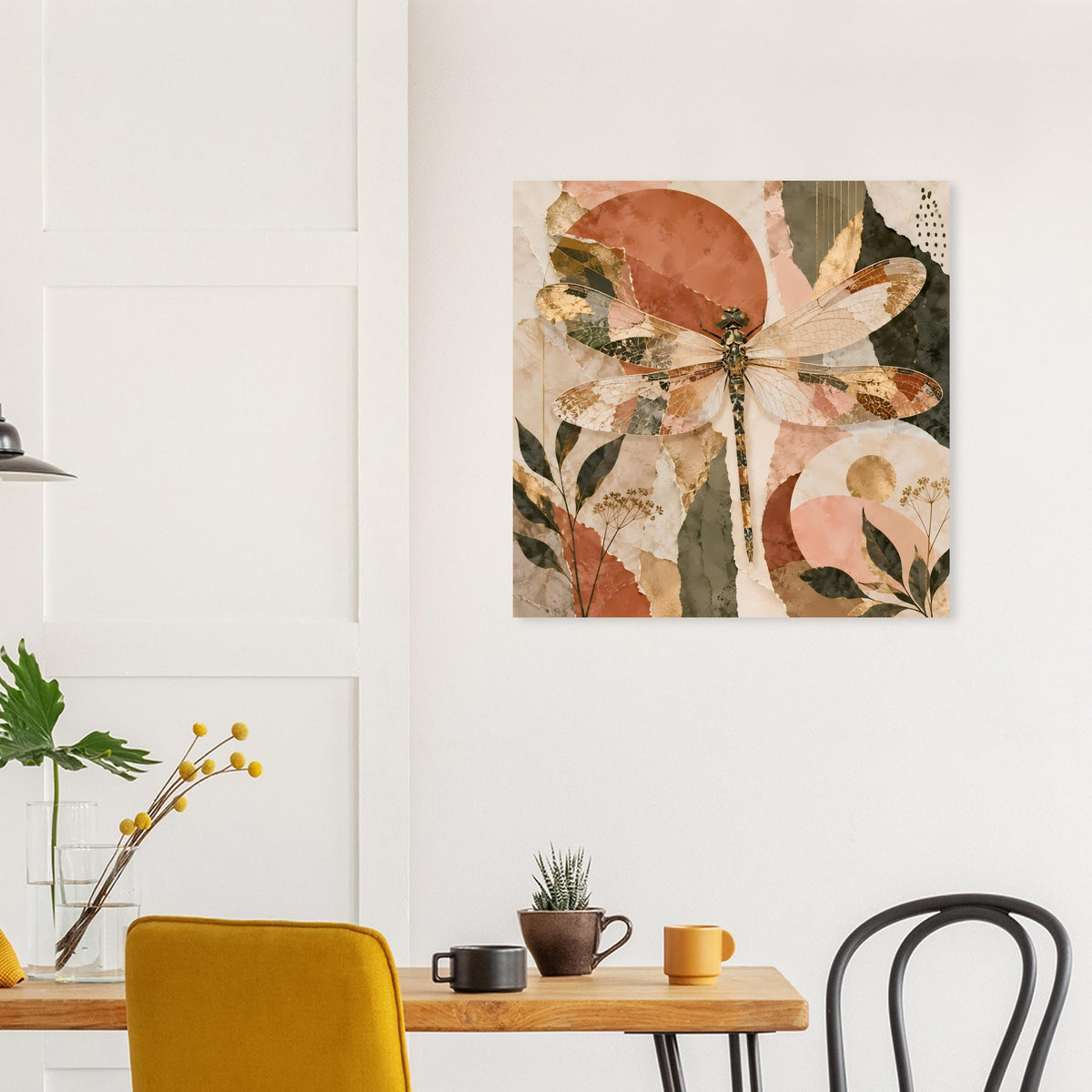 Boho-Chic Libellen-Poster, quadratisch, detailreiches Libellen- und Blattmuster in warmen Farben