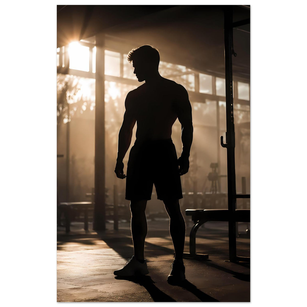 Fitness-Poster: Sportler-Silhouette in Shorts schreitet nach vorn, dunkle Konturen