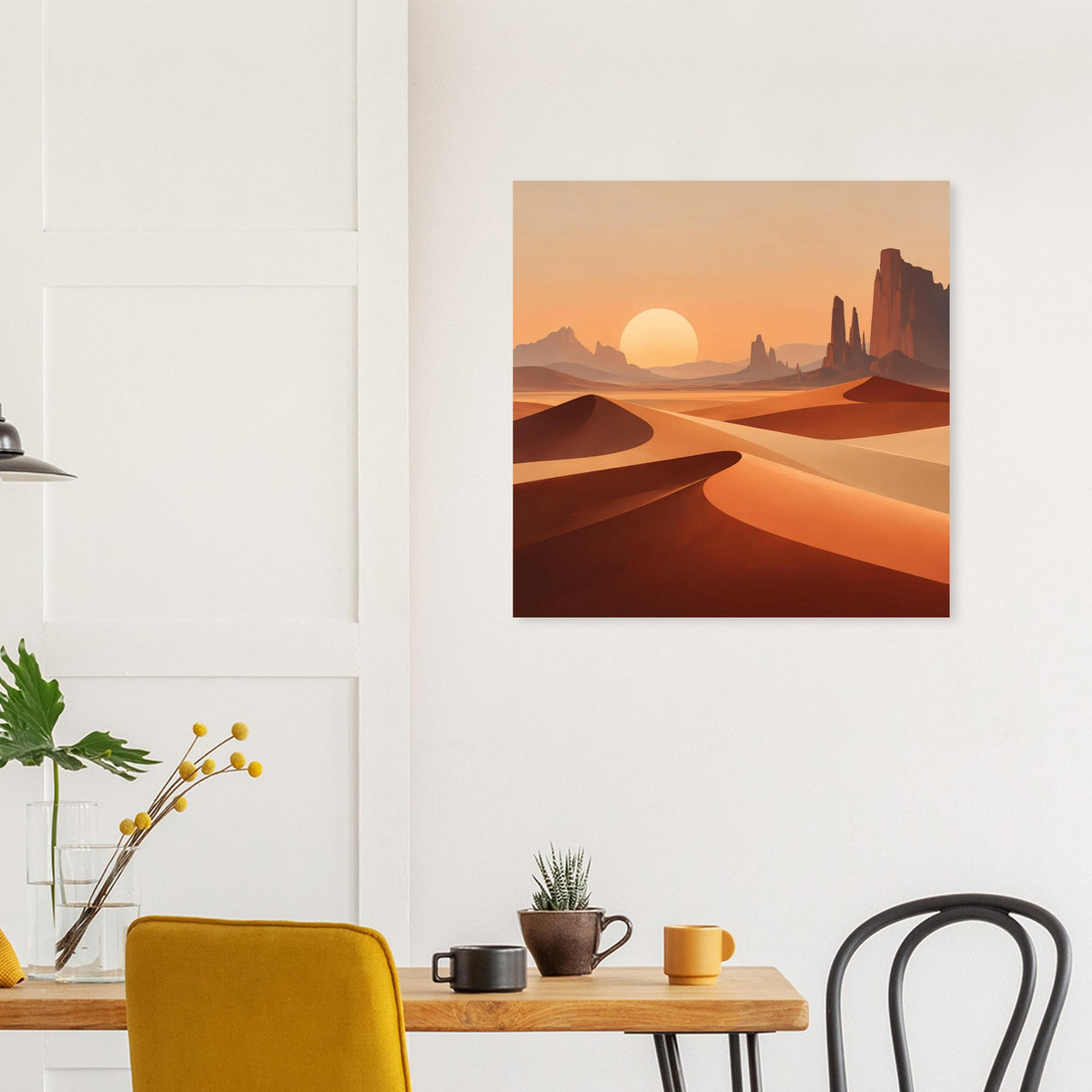 Quadratisches Poster mit Wüstenlandschaft, goldene Sonne und Dünen in Orange-Sand