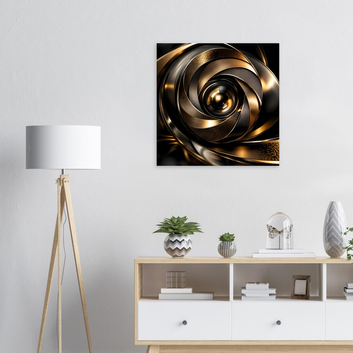Quadratisches Poster mit goldener Spiralring-Optik auf schwarzem Hintergrund
