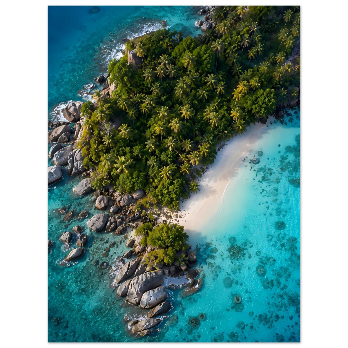 Poster mit tropischer Palmeninsel: türkisblaues Meer, helle Sandküste und Felsen