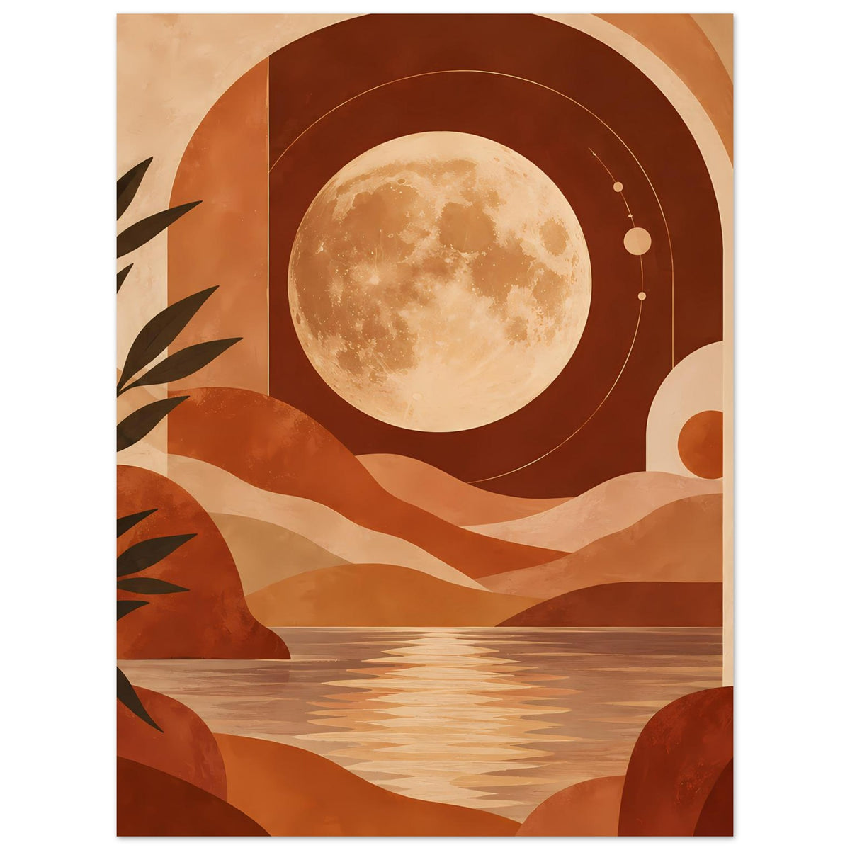 Boho-Poster: Vollmond, geschwungene Kreise und Bogen über Wüstenlandschaft in Terrakotta