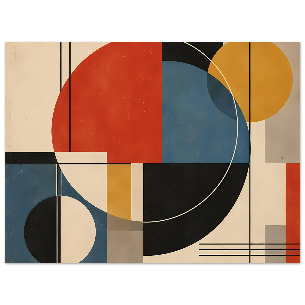 Abstraktes Geometrie-Poster (Querformat) mit Kreisen, Rechtecken und goldenen Linien in Rot, Blau, Schwarz.