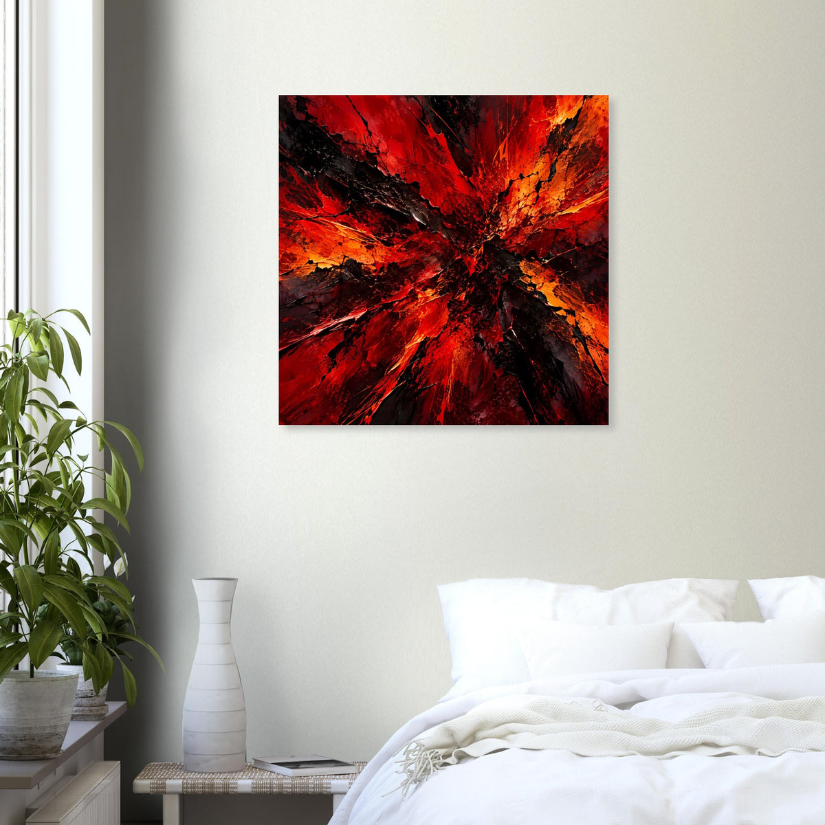 Quadratisches Kunstposter mit rotem und orangefarbenem Strahlenwirbel, schwarze Bereiche