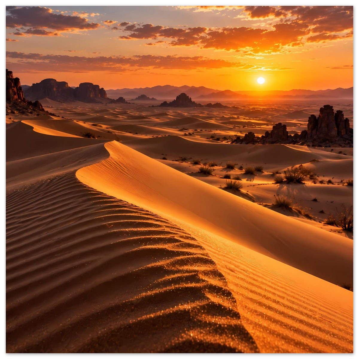 Poster: Horizontale Wüstenlandschaft mit Sonnenuntergang, Dünenkämme und Felsen