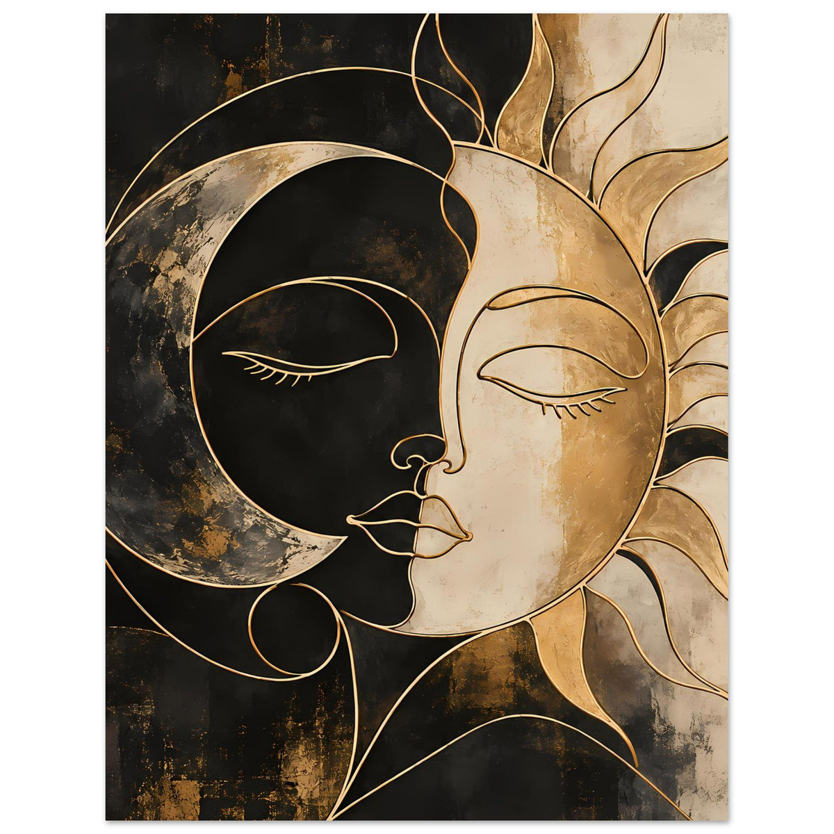 Kunstposter im Hochformat mit Yin-Yang-Motiv: dunkler Mond links, goldene Sonne rechts