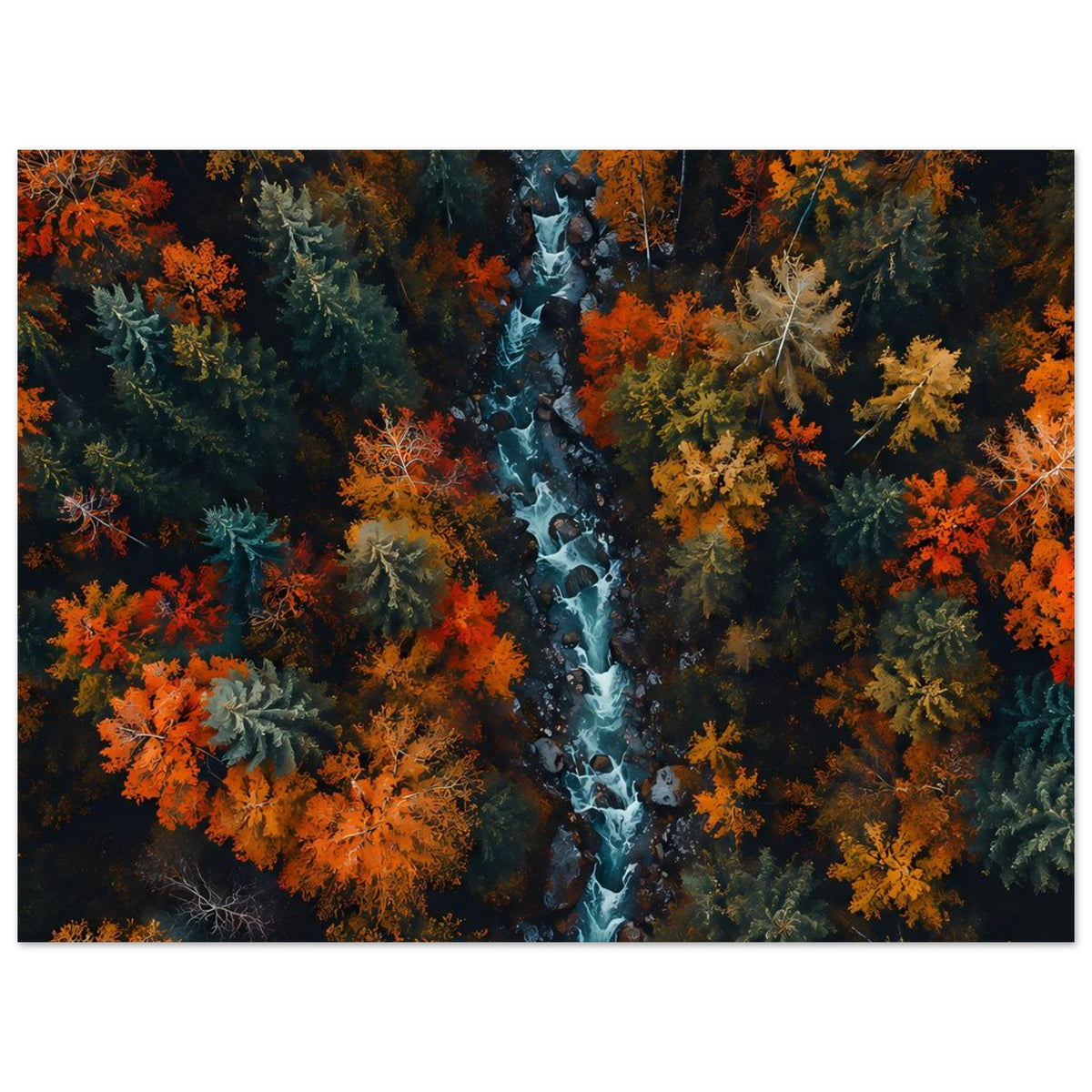 Poster mit Herbstwald und blauem Bach, viele Laubbäume in leuchtendem Orange