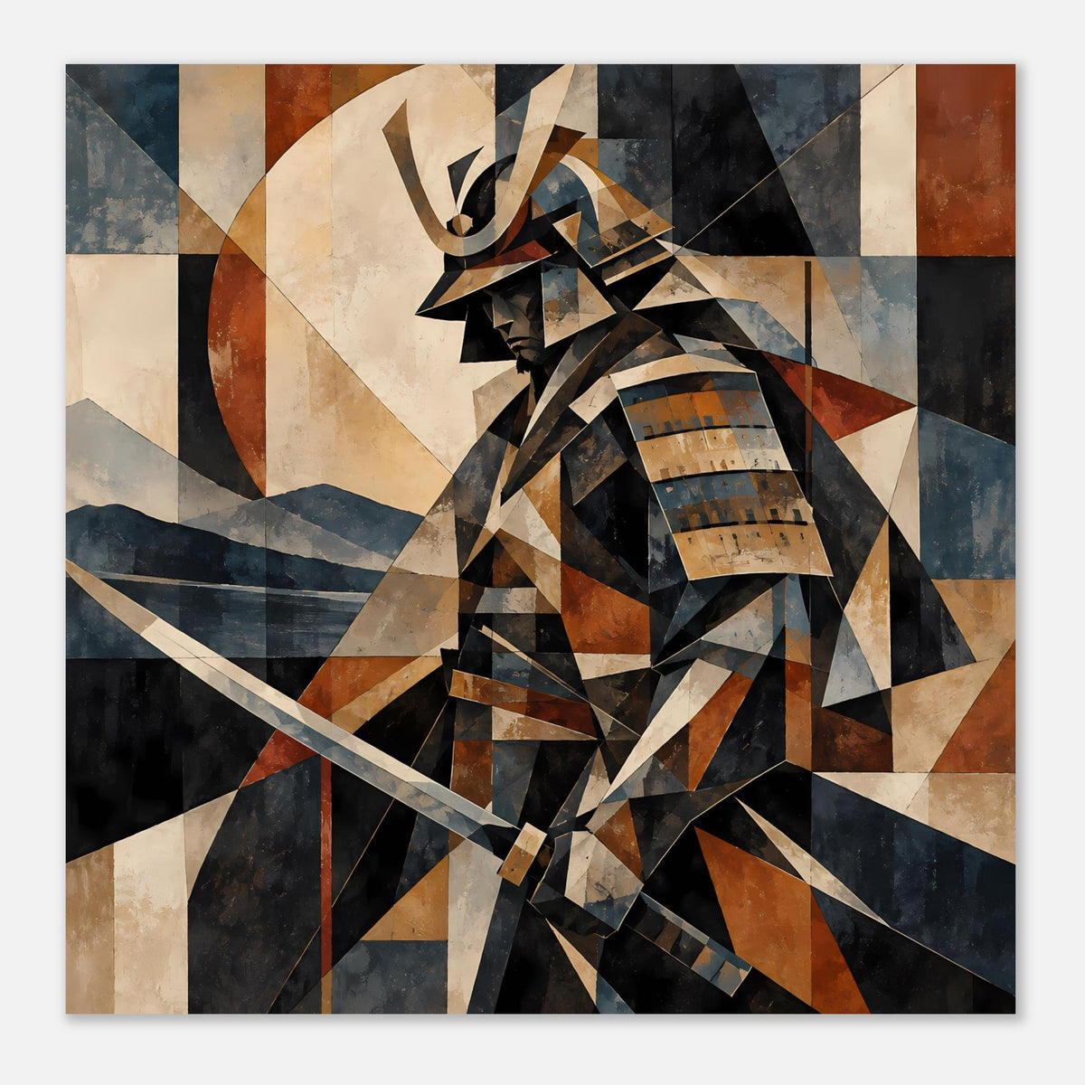 Geometrisches Samurai-Krieger-Poster im Querformat, geometrische Formen in Blau und Braun