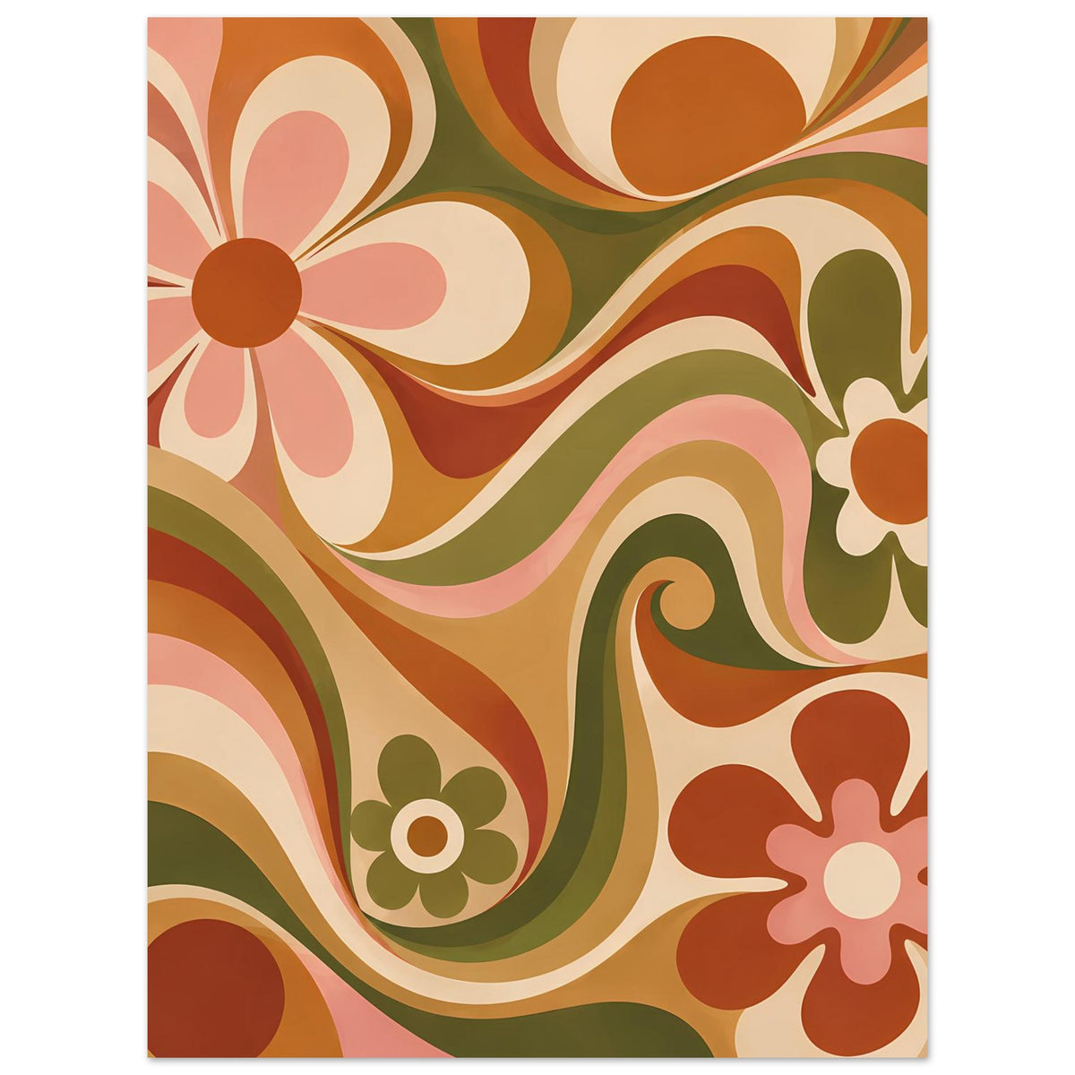 Rechteckiges Poster mit floralen Wirbelmotiven in Olivgrün und Orange, im Rahmen.