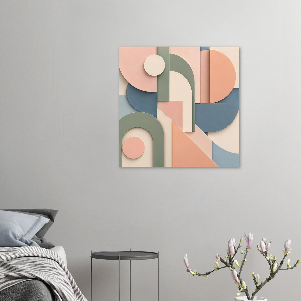 Gerahmtes Abstrakt-Kunstposter mit geometrischen Bögen und Kreisen in Terrakotta, Salbei und Blau
