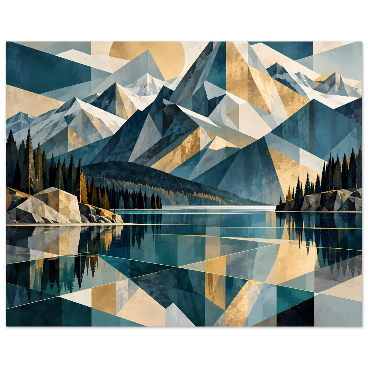 Horizontales Poster: geometrische Berge und Waldsilhouetten mit reflektierendem See, Blau- und Beige-Tönen