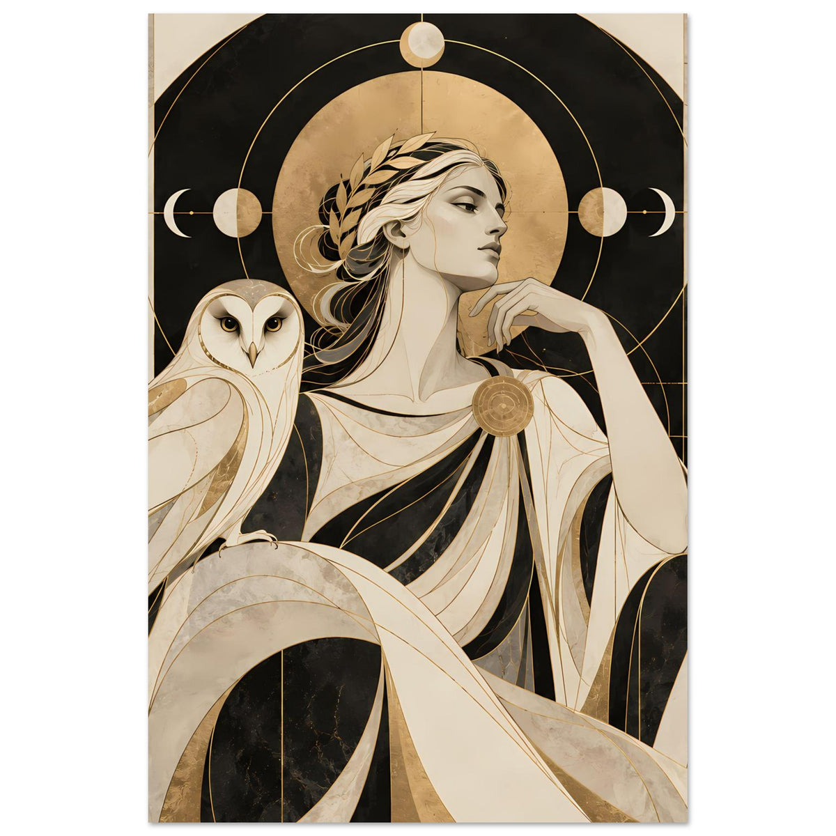 Kunstposter (Hochformat) mit Frau im Profil, Eule, goldene Kreise und Mondornamente