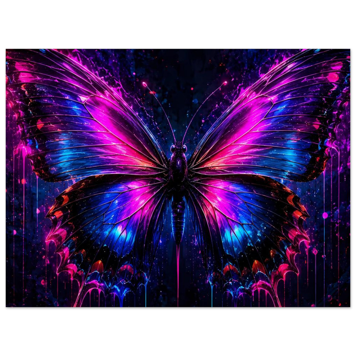 Schmetterling-Poster im Querformat, Nahansicht: Neonflügel dominieren mit violetten Lichträndern