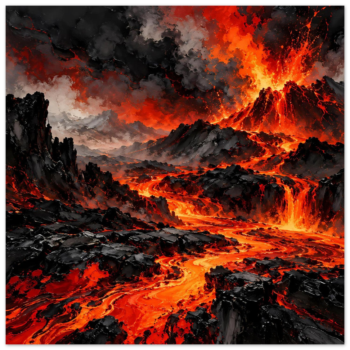 Poster mit Vulkanausbruch: Feuerfontänen, orange Lava, rauchige Wolken über Felsen