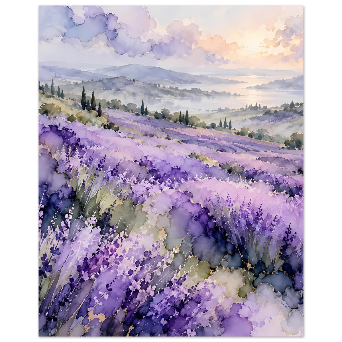 Aquarell-Landschaftsposter: Lavendelfeld in Violett, Zypressen im Hintergrund und Pastellwolken