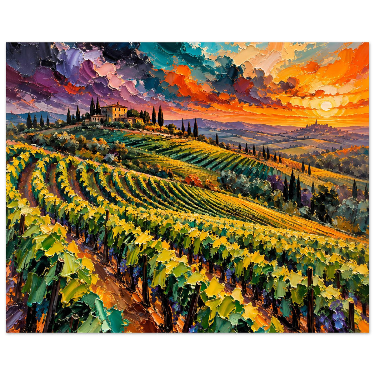 Landschaftsposter: Weinberge mit Abendhimmel, kurvige Rebreihen und helle Lichtstimmung