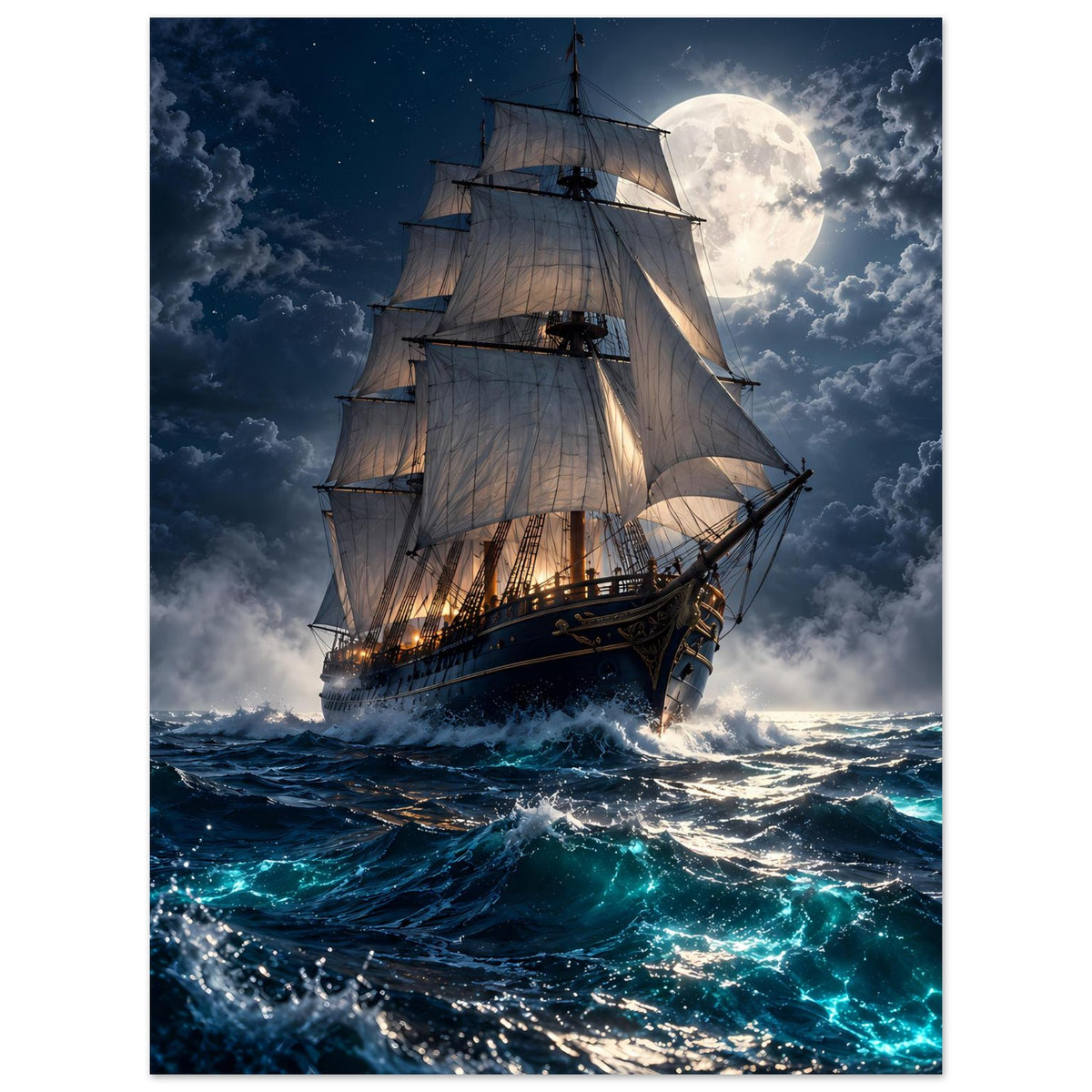 Hochkant-Segelschiff-Poster mit Segeln, Vollmond und türkis schäumender See