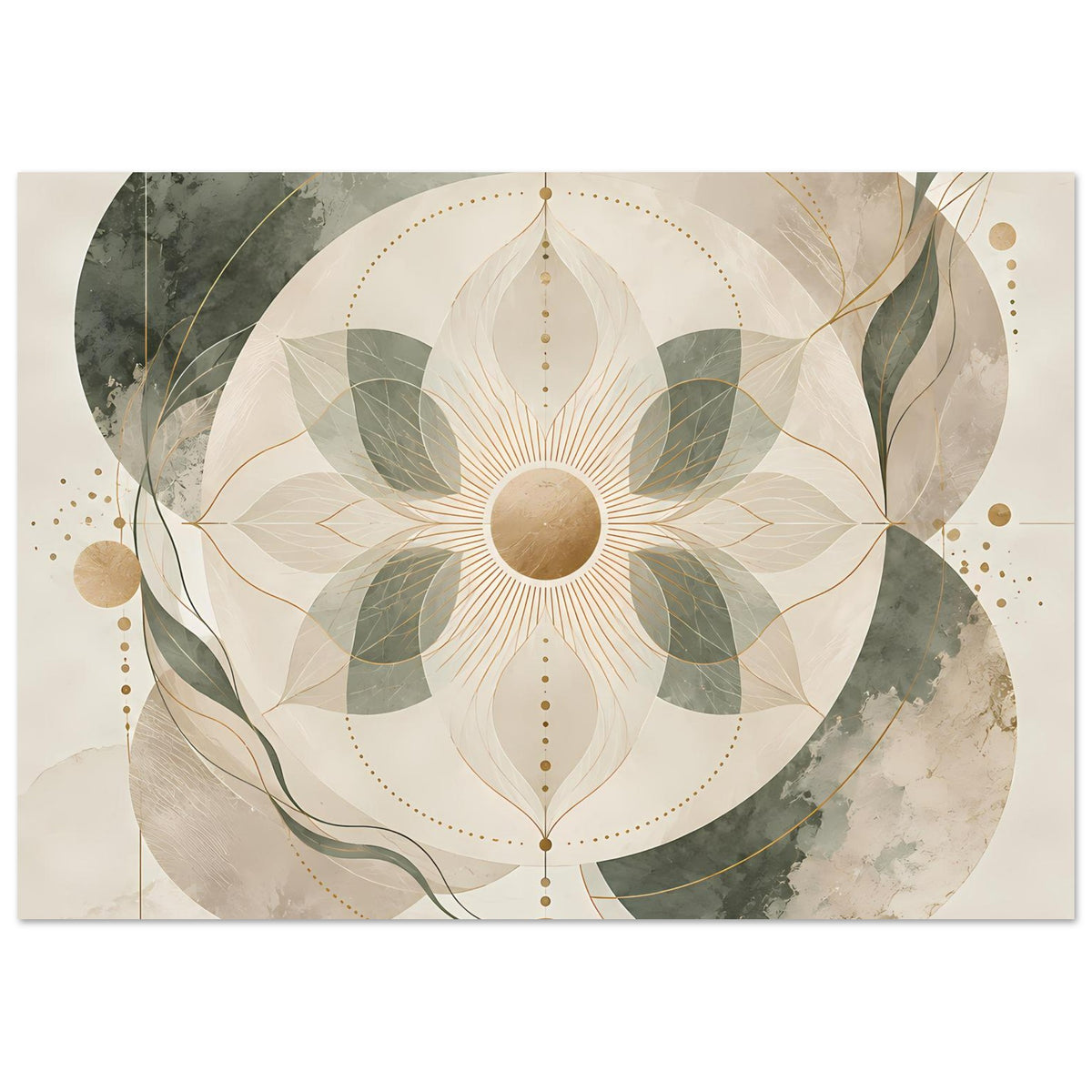 Zen-Poster mit Mandala in Beige, Grün und Gold, weitblickender Ausschnitt mit Blattformen.